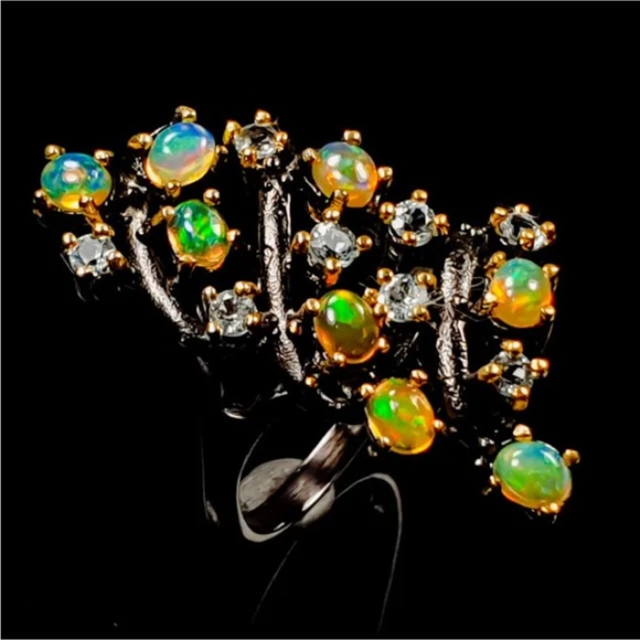 Enchanting Genuine Fiery Opals & Topaz Ring